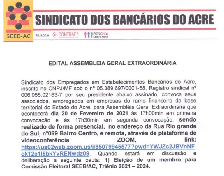 Edital Assembleia Geral Extraordinária – SINDICATO DOS BANCÁRIOS DO ACRE